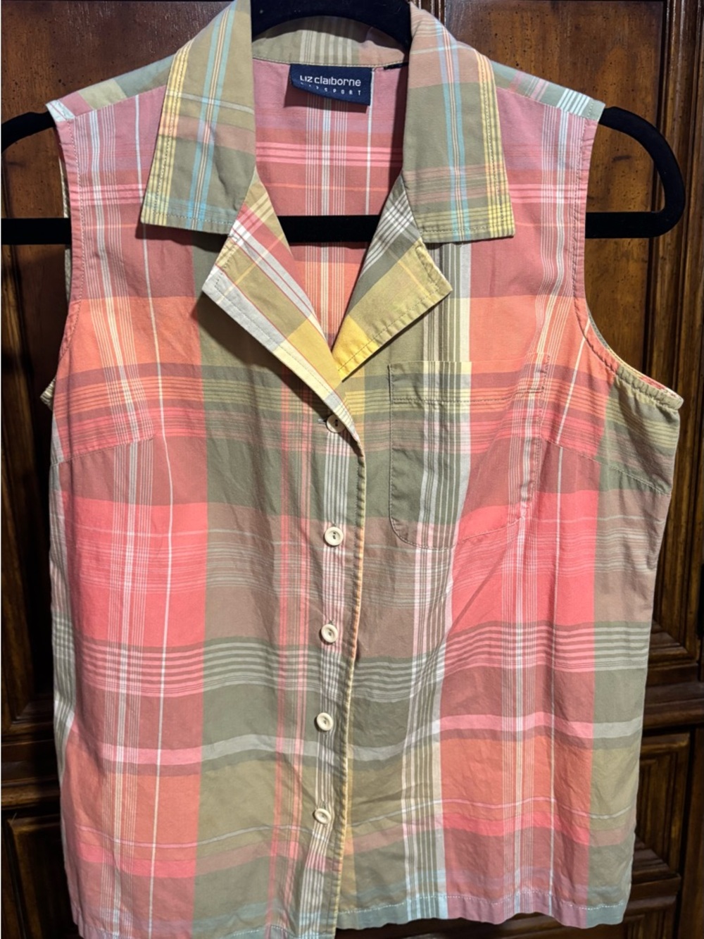 Liz Claiborne Coral and Olive Plaid Sleeveless Button-Down Shirt